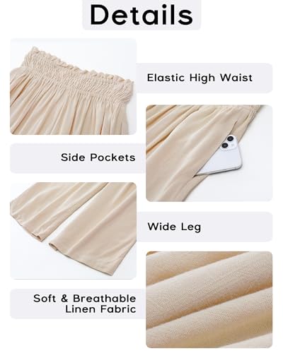 Capri Pants for Women High Waisted Wide Leg Linen Palazzo Trousers Pull On Elastic Smock Waist Loose Flowy Pants