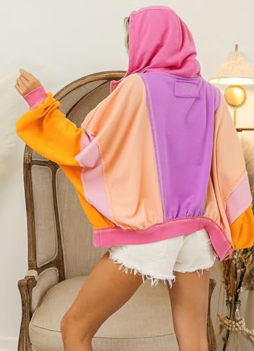 Women's Fall Warm Color Block Zip Up Jacket Oversized Winter Casual Y2K Sweatshirt Hoodie Tops