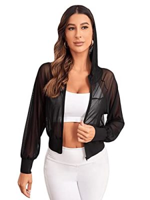 Women's Activewear Long Sleeve Hooded Sheer Mesh Sports Jacket Workout Crop Top