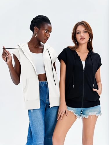 Women's Sleeveless Zip Up Hoodies Casual Loose Fit Drawstring Sweatshirts Lightweight Jackets Vest with Pockets
