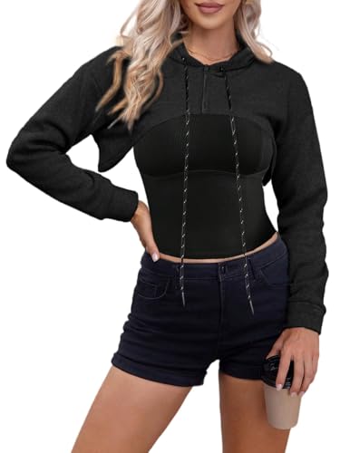 Women's Super Cropped Hoodie Drawstring Zip Up Sweatshirt Long Sleeve Pullover Top