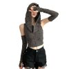 Women’s Ripped Hoodie Sweater Vest Hollow Out Hooded Crop Top Knit Pullover Streetwear with Oversleeve