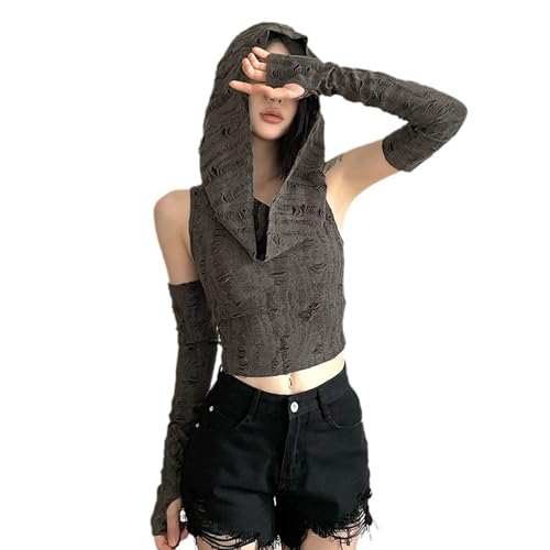 Women’s Ripped Hoodie Sweater Vest Hollow Out Hooded Crop Top Knit Pullover Streetwear with Oversleeve