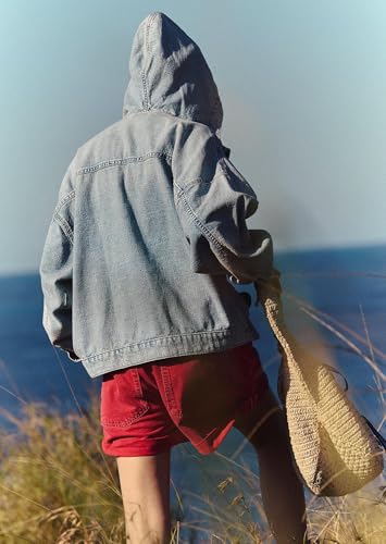 Women's Sweatshirt Denim Hoodies Oversized Long Sleeve Half Zip Casual Jean Hooded Loose Pullover Tops with Pockets