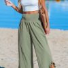 Women Pants Smocked Waist Straight Leg Ruffle Cuffs Loose Fit Pant Casual Beach