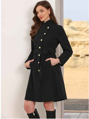 Pea Coats for Women Stand Collar Single Breasted Fall Winter Long Trench Coat with Belt 2025