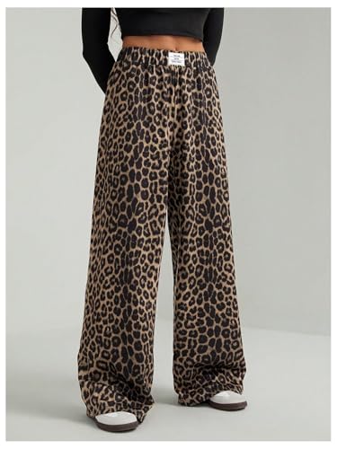 Women's Leopard Print Wide Leg Pants Patched Elastic Waist Casual Loose Trousers
