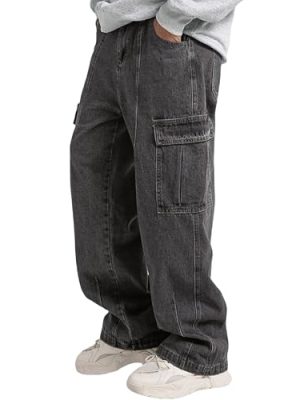 Mens Baggy Jeans for Men Women Y2k Skater Vintage Plain Pants Multiple Pockets Casual Wide Leg Loose Fit Cargo Denim Jeans