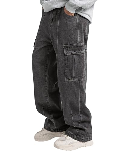 Mens Baggy Jeans for Men Women Y2k Skater Vintage Plain Pants Multiple Pockets Casual Wide Leg Loose Fit Cargo Denim Jeans