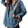 Women Casual Long Sleeve Denim Pullover Top Jean Shirt Turndown V Neck Oversized Denim Shirt Hoodie Sweatshirt