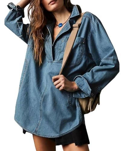 Women Casual Long Sleeve Denim Pullover Top Jean Shirt Turndown V Neck Oversized Denim Shirt Hoodie Sweatshirt