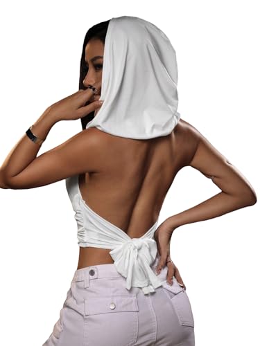 Rave Outfits for Women Sexy Backless Hoodie Draped Halter Tank Top Going Out Concert Festival Party Streetwear