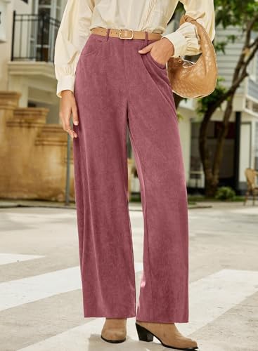 Women's Corduroy Pants Casual High Waisted Baggy Wide Leg Elastic Waist Loose Trousers with Pockets