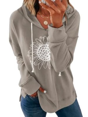 Women Sunflower Graphic Hoodies Long Sleeve Pullover Drawstring Sweatshirt Loose Fit Tunic Tops