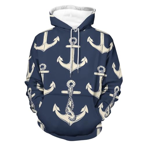 Anchors Nautical Pattern Adult Hoodies Pullover Hooded Sweatshirts Long Sleeve Sweater Tops with Pocket