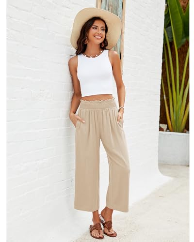 Capri Pants for Women High Waisted Wide Leg Linen Palazzo Trousers Pull On Elastic Smock Waist Loose Flowy Pants