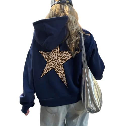 Star Graphic Hoodies Oversized Y2k Leopard Print Hooded Sweatshirt Cheetah Hoodie Streetwear Unisex Pullover Tops
