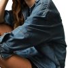 Women Casual Long Sleeve Denim Pullover Top Jean Shirt Turndown V Neck Oversized Denim Shirt Hoodie Sweatshirt