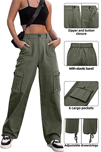 Women High Waisted Cargo Pants Wide Leg Casual Pants 6 Pockets Combat Military Trousers