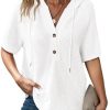 Womens Summer Tops Waffle Knit Short Sleeve Lightweight Drawstring Hoodies Button V Neck Casual Blouses Shirts