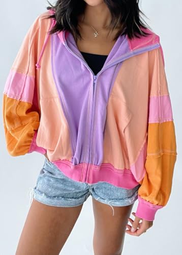 Women's Fall Warm Color Block Zip Up Jacket Oversized Winter Casual Y2K Sweatshirt Hoodie Tops