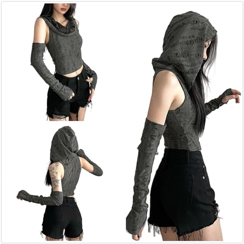 Women’s Ripped Hoodie Sweater Vest Hollow Out Hooded Crop Top Knit Pullover Streetwear with Oversleeve