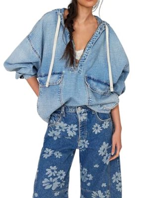 Women Casual Denim Shirt Hoodies Pullover Oversized Jean Jacket Sweatshirt Long Sleeves Half Zip Western Blouse Top
