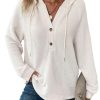 Hoodies for Women Waffle Knit Long Sleeve Drawstring Button V Neck Casual Pullover Sweatshirt Hooded Tops