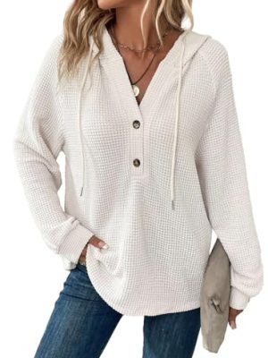 Hoodies for Women Waffle Knit Long Sleeve Drawstring Button V Neck Casual Pullover Sweatshirt Hooded Tops