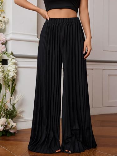 Women's Wide Leg Palazzo Pleated Pants High Waisted Flowy Loose Dressy Casual Long Trousers