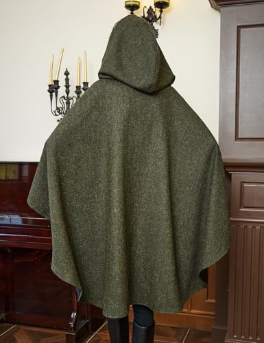 Women Tweed Hooded Belted Cloak Buttons Closure Sleeveless Satin Lining Wool Poncho