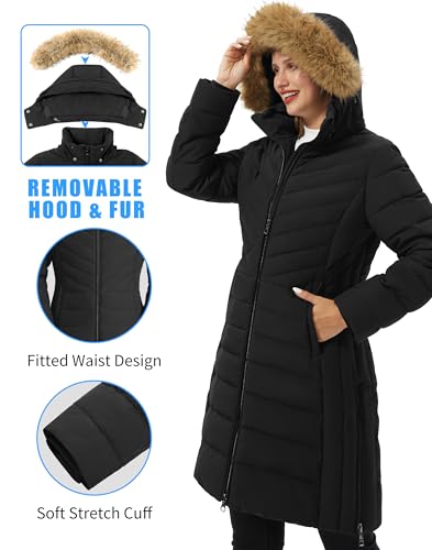 Women's Winter Coats Warm Thicken Long Puffer Jacket Waterproof Quilted Parka with Removable Faux Fur Hood