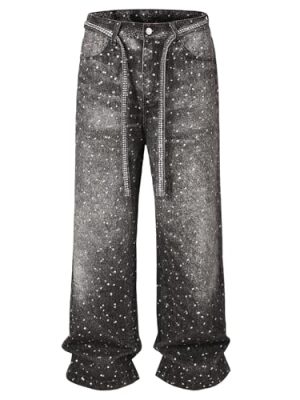 Mens Rhinestone Jeans Vintage Baggy Sparkly Pearl Bling Jeans Chic Wide Leg Denim Pants Womens Y2K Grunge Clothes