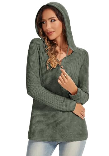 Hoodies for Women Waffle Knit V Neck Oversized Sweatershirt Button Down Drawstring Hooded Pullover Tops for Fall 2025