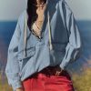 Women Casual Denim Shirt Hoodies Pullover Oversized Jean Jacket Sweatshirt Long Sleeves Half Zip Western Blouse Top