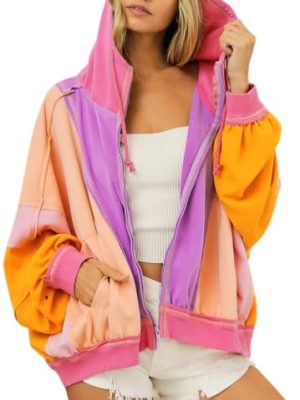 Women's Fall Warm Color Block Zip Up Jacket Oversized Winter Casual Y2K Sweatshirt Hoodie Tops