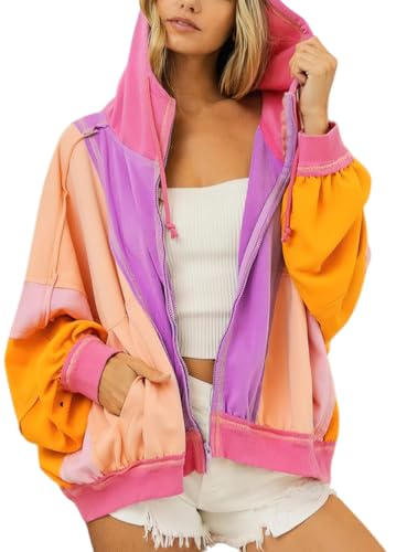 Women's Fall Warm Color Block Zip Up Jacket Oversized Winter Casual Y2K Sweatshirt Hoodie Tops