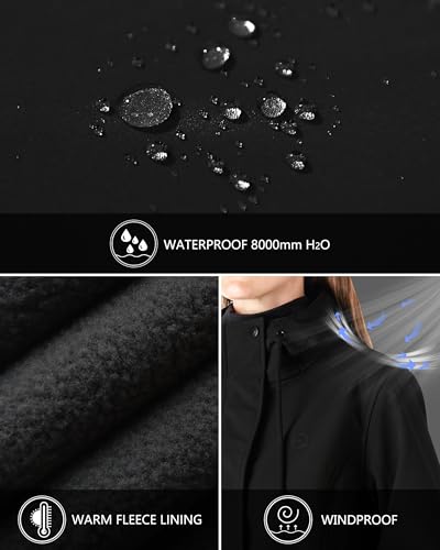 Women's Lightweight Waterproof Fleece Lined Hooded Softshell Rain Jacket, Warm Windbreaker Long Coat