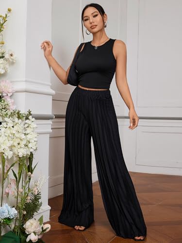 Women's Wide Leg Palazzo Pleated Pants High Waisted Flowy Loose Dressy Casual Long Trousers