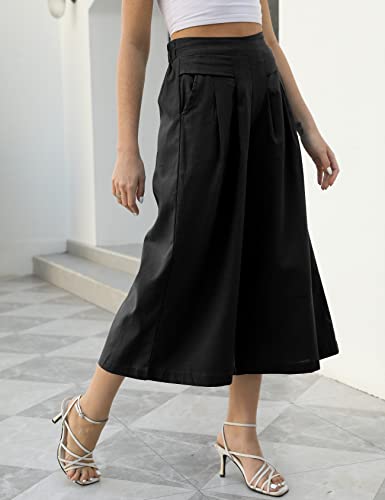 Women' s Culottes Linen Blend Wide Leg Pants Elastic Waist Casual Palazzo Trousers with Pockets Capris