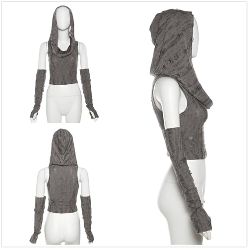 Women’s Ripped Hoodie Sweater Vest Hollow Out Hooded Crop Top Knit Pullover Streetwear with Oversleeve