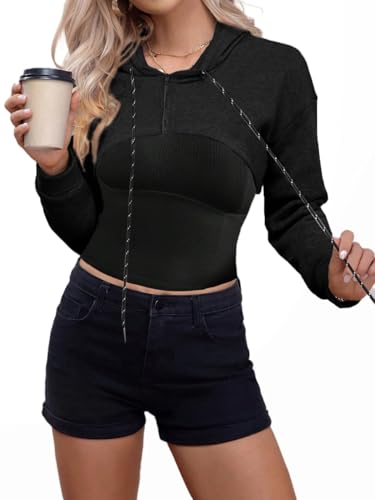 Women's Super Cropped Hoodie Drawstring Zip Up Sweatshirt Long Sleeve Pullover Top