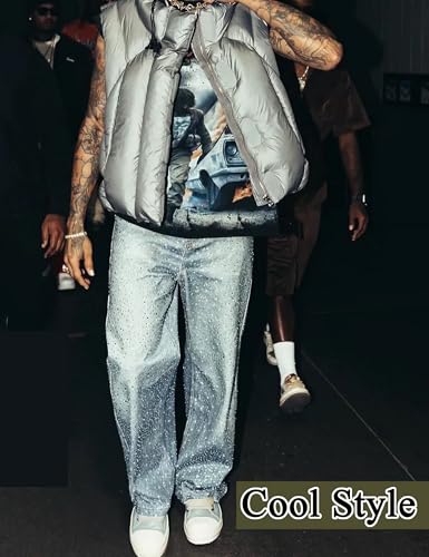 Men Baggy Rhinestone Jeans Wide Leg Denim Pants Vintage Sparkly Pearl Jeans Y2k Oversized Hip Hop Pants for Women