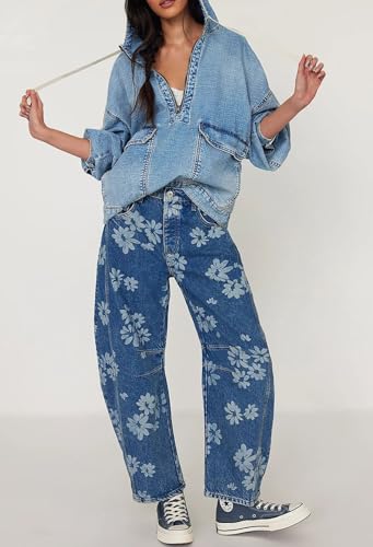 Women Casual Denim Shirt Hoodies Pullover Oversized Jean Jacket Sweatshirt Long Sleeves Half Zip Western Blouse Top
