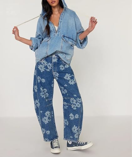 Women's Sweatshirt Denim Hoodies Oversized Long Sleeve Half Zip Casual Jean Hooded Loose Pullover Tops with Pockets