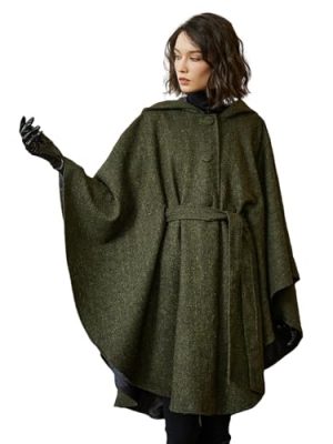 Women Tweed Hooded Belted Cloak Buttons Closure Sleeveless Satin Lining Wool Poncho