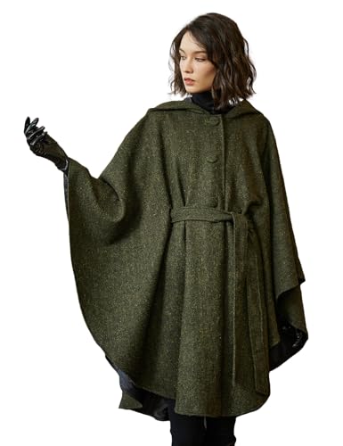 Women Tweed Hooded Belted Cloak Buttons Closure Sleeveless Satin Lining Wool Poncho