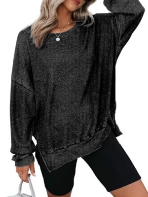 Womens Oversized Waffle Knit Crewneck Sweatshirts Long Sleeve Side Slits Casual Pullover Sweatshirt Tops