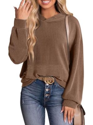 Women's Pullover Hoodies Sweatshirts Casual Loose Long Sleeve Ribbed Knit Shirts