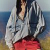 Women's Sweatshirt Denim Hoodies Oversized Long Sleeve Half Zip Casual Jean Hooded Loose Pullover Tops with Pockets